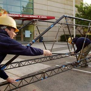 Engineering students working on a bridge project