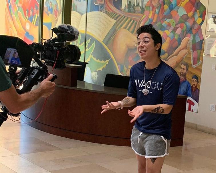 A student being filmed by the Amazon College Tour crew