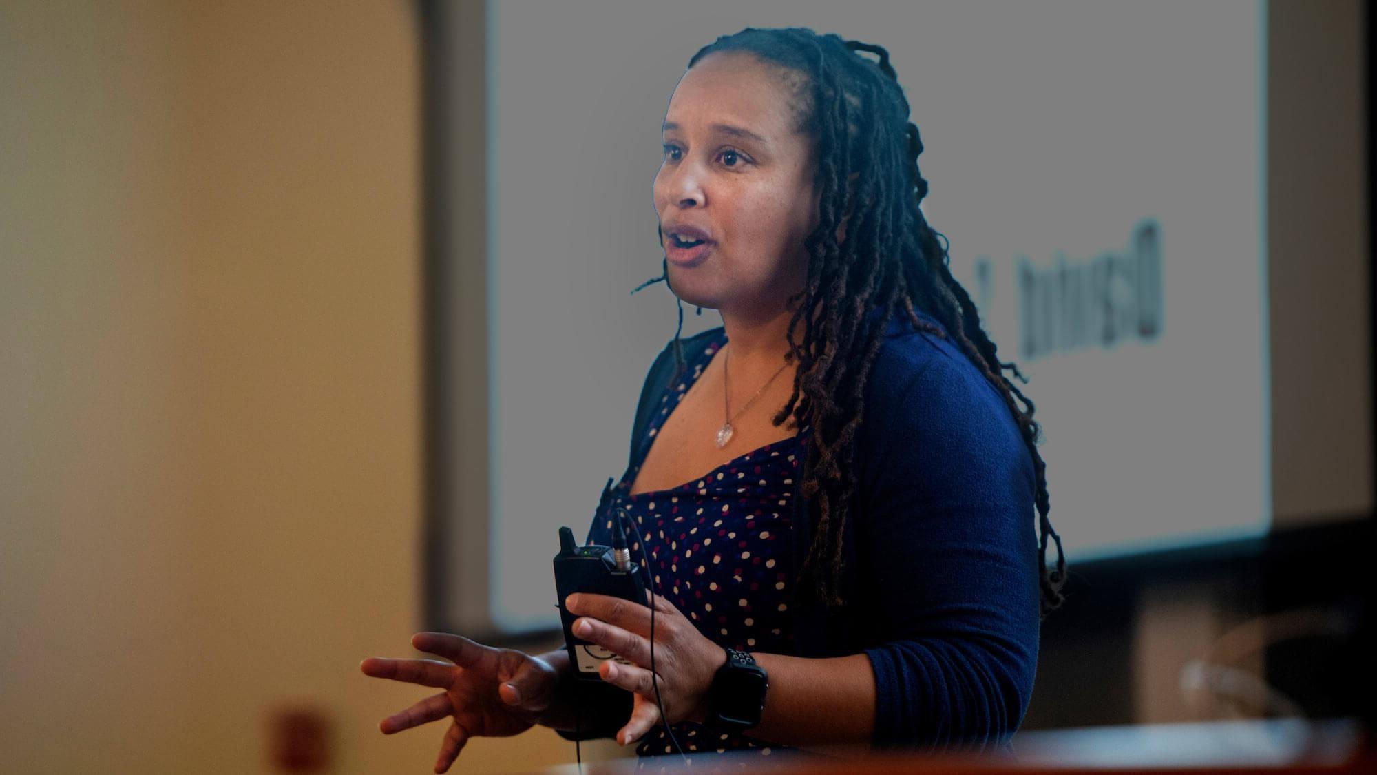 A UC Davis professor lecturing her class