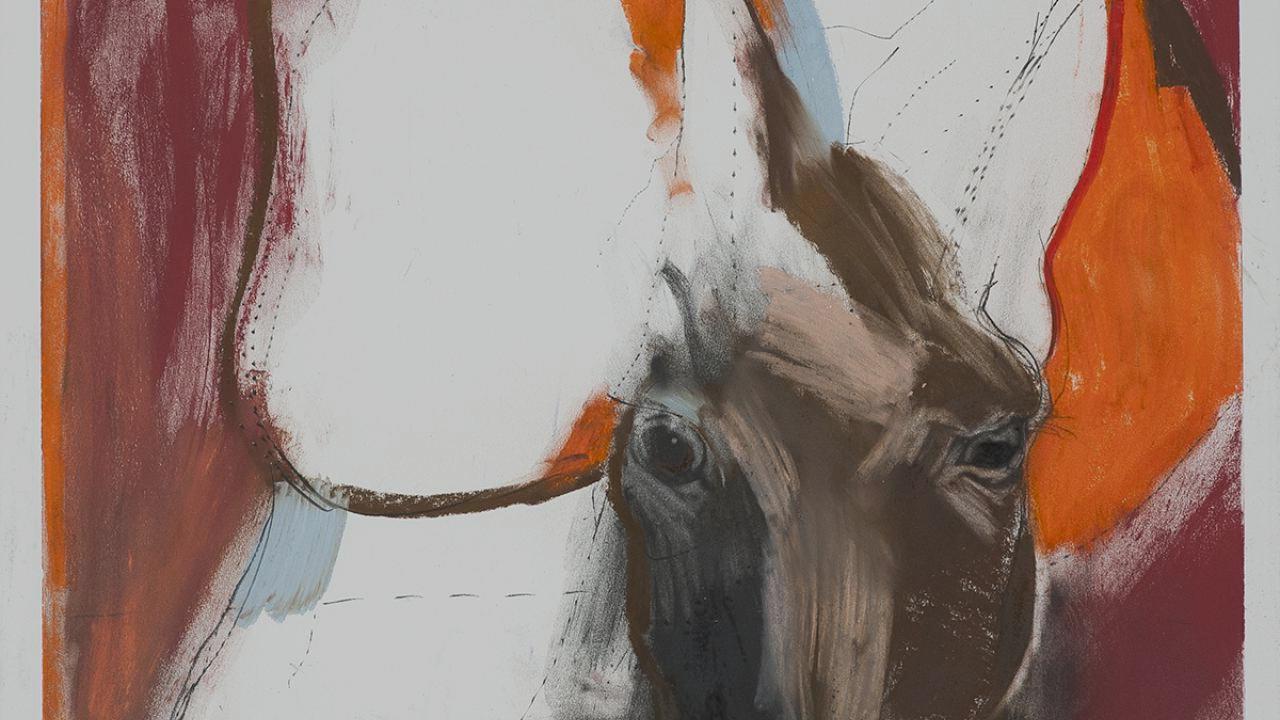 An abstract painting with a representational horse painted into it at the Gorman museum of native art UC Davis