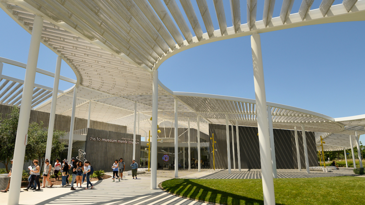 A view of the curved white roof of the Manetti Shrem Museum of Arts at UC Davis