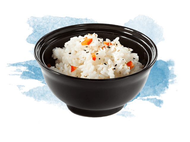 A rice bowl filled with white rice and vegetable morsels