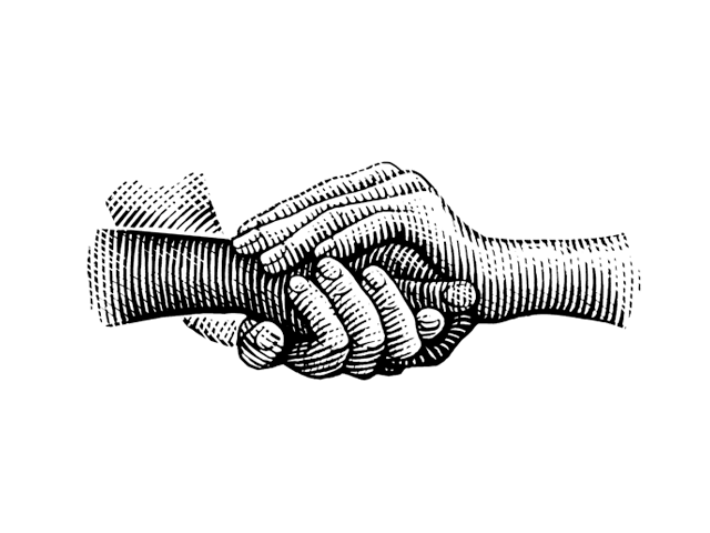 a woodcut illustration of three hands holding each other