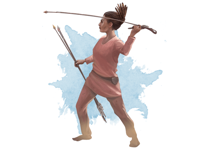 An illustration of a neolithic female hunter hurling projectiles via an attle attle
