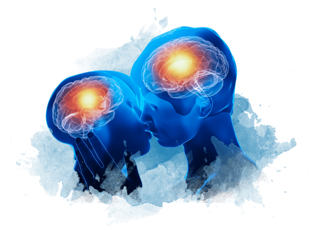 A computer generated image of to people kissing with glowing brains