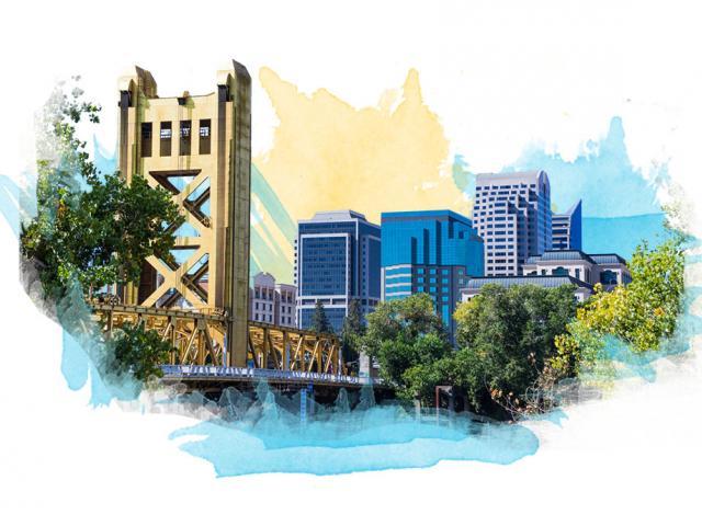 A view of the tower bridge leading to the west end of downtown sacramento