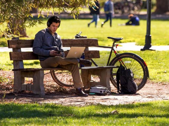 student sitting on a bench in the quad studying - freshman application tips