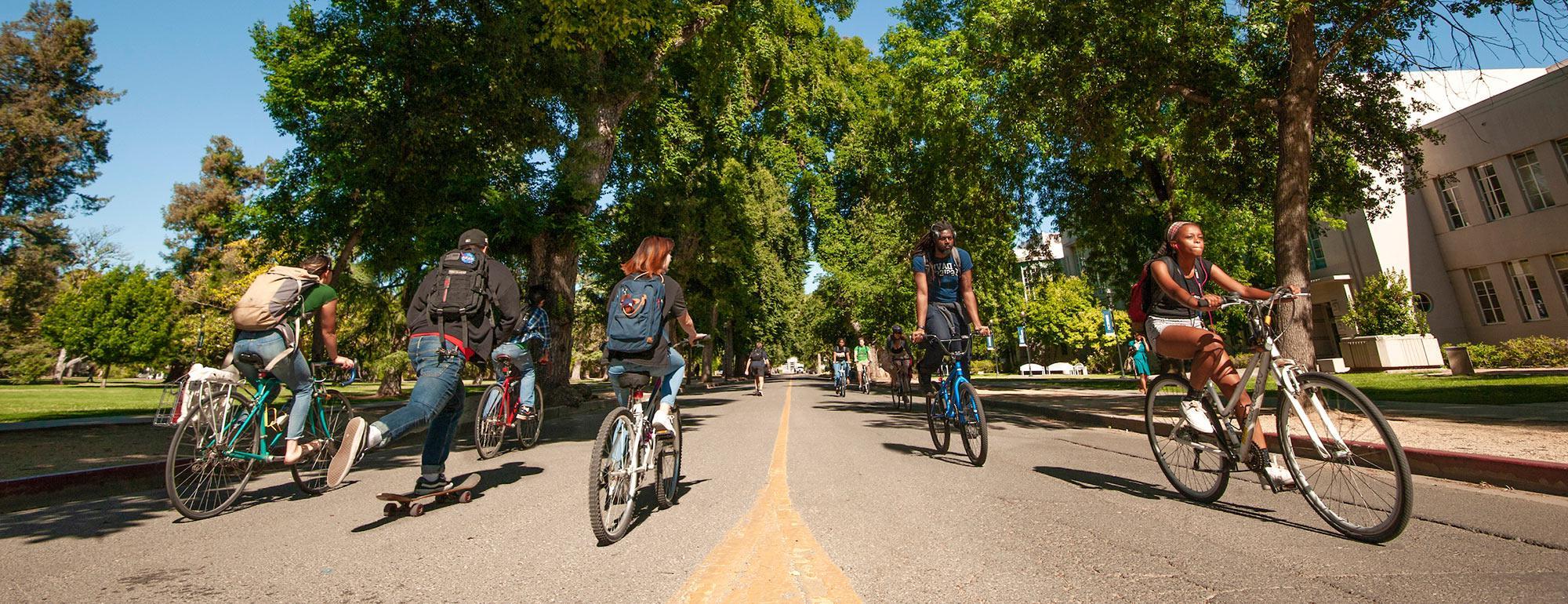 Students riding bicycles on west quad UC Davis