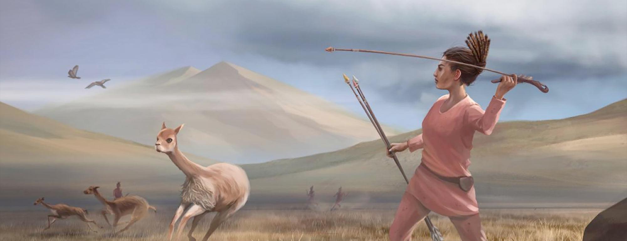 A paleolithic female hunter aims her spear at an alpaca