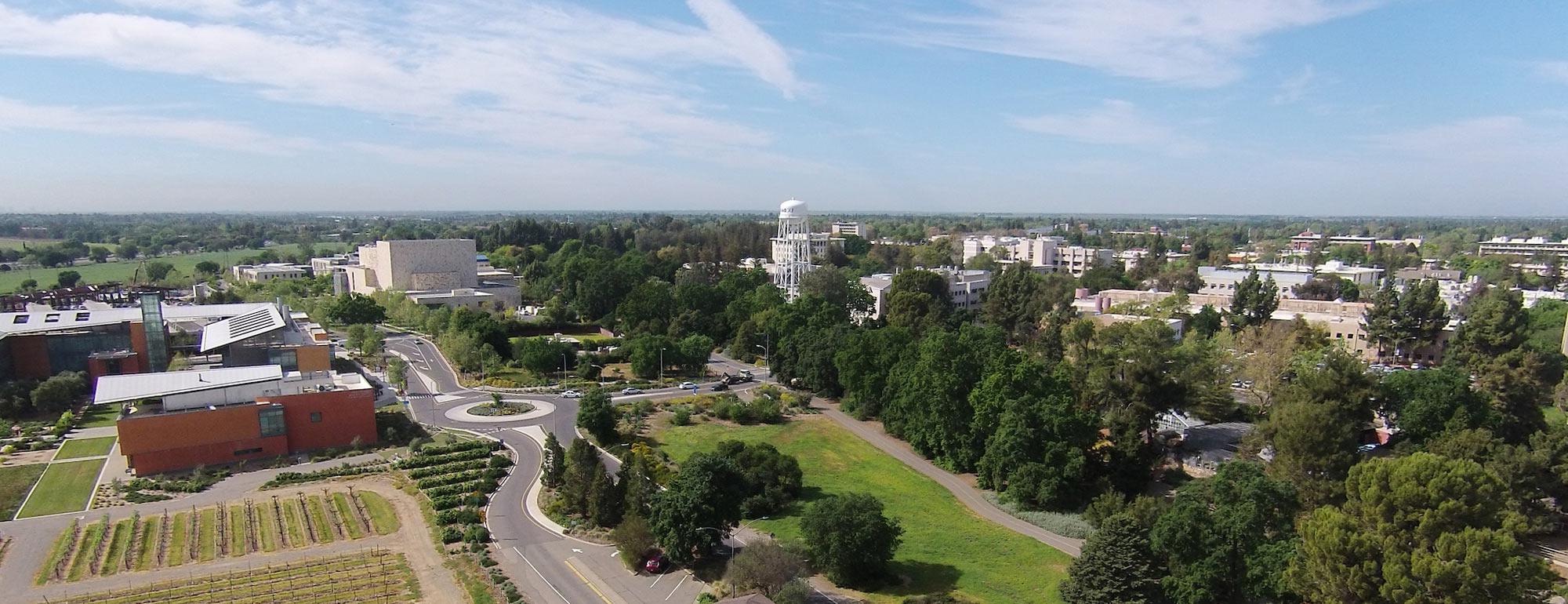 An aerial view of the western entrance to the UC Davis campus