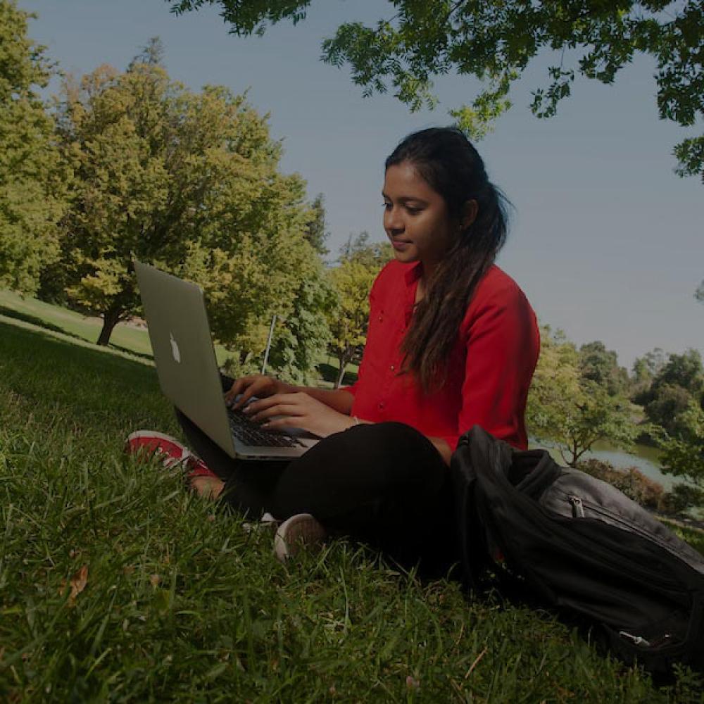 A student works on her laptop on the quad at UC Davis