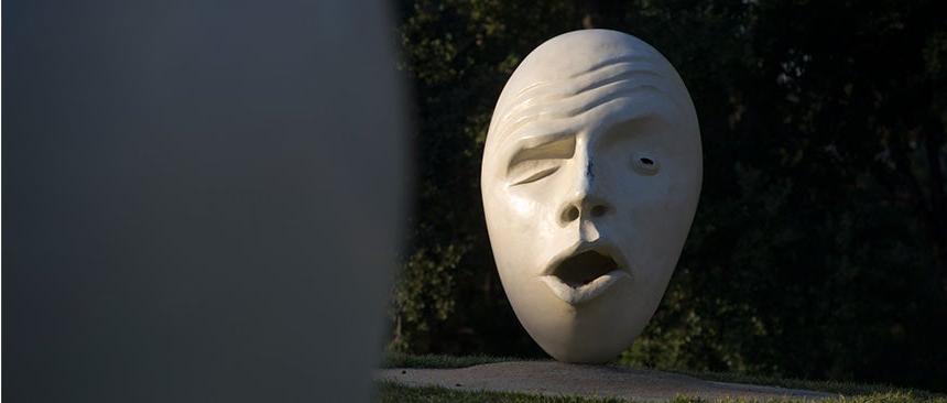 One of two sculptures of the "See No Evil Hear No Evil" Eggheads